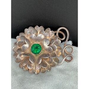 Vintage Hobe Sterling Silver Brooch Flower Green Rhinestone Signed